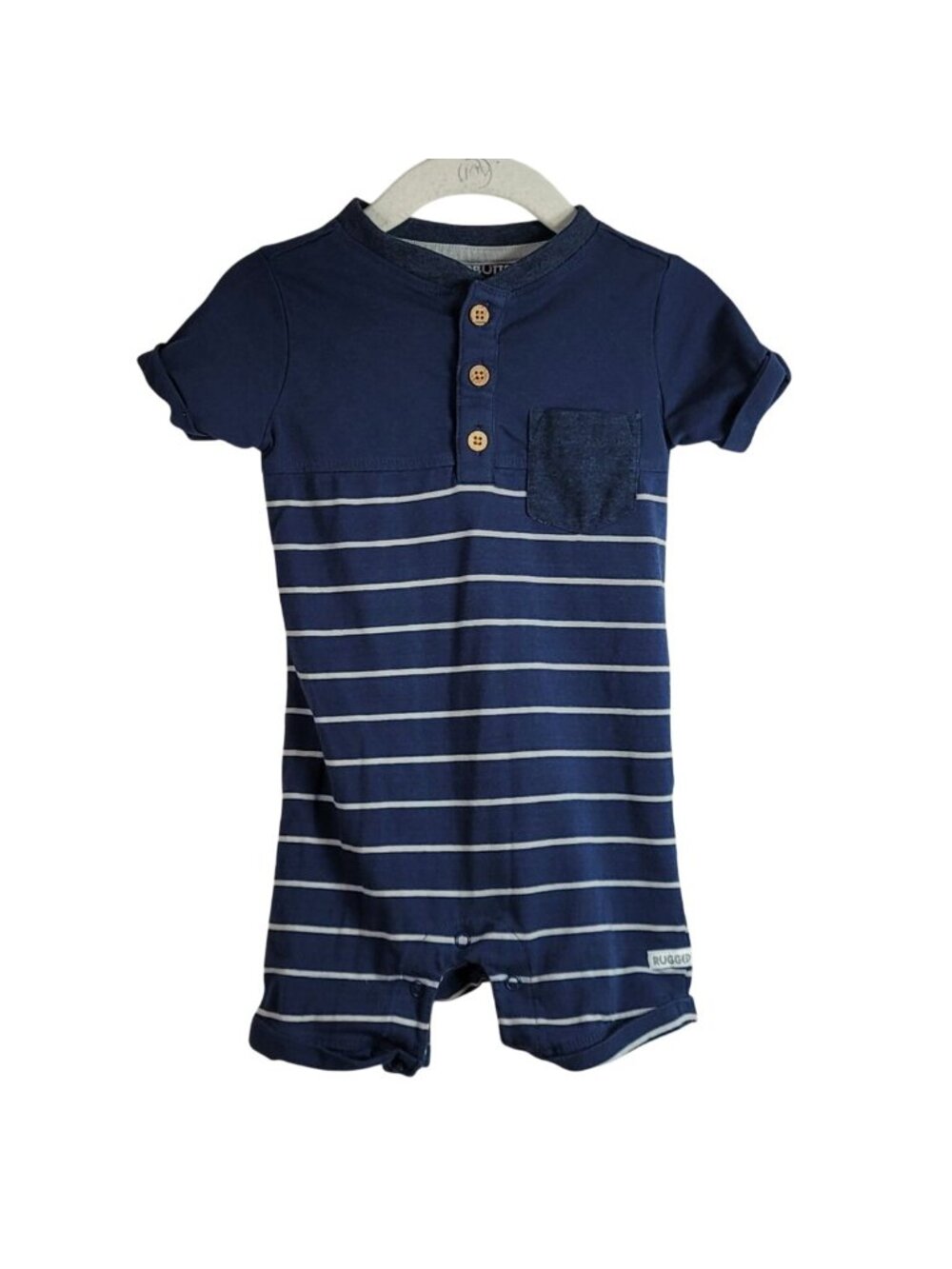 Rugged Butts Boys Shortall Romper Blue Stripe 6-12M Short Sleeve Henley Snaps